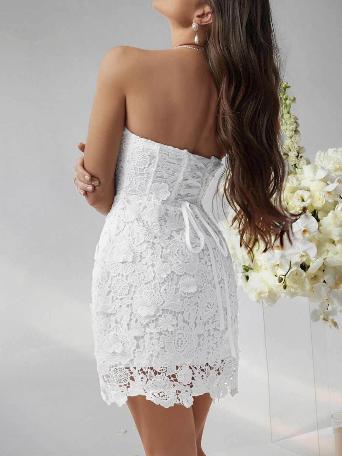 Devine Lace-Up Tube Lace Mini Dress - The Goddess Galleries