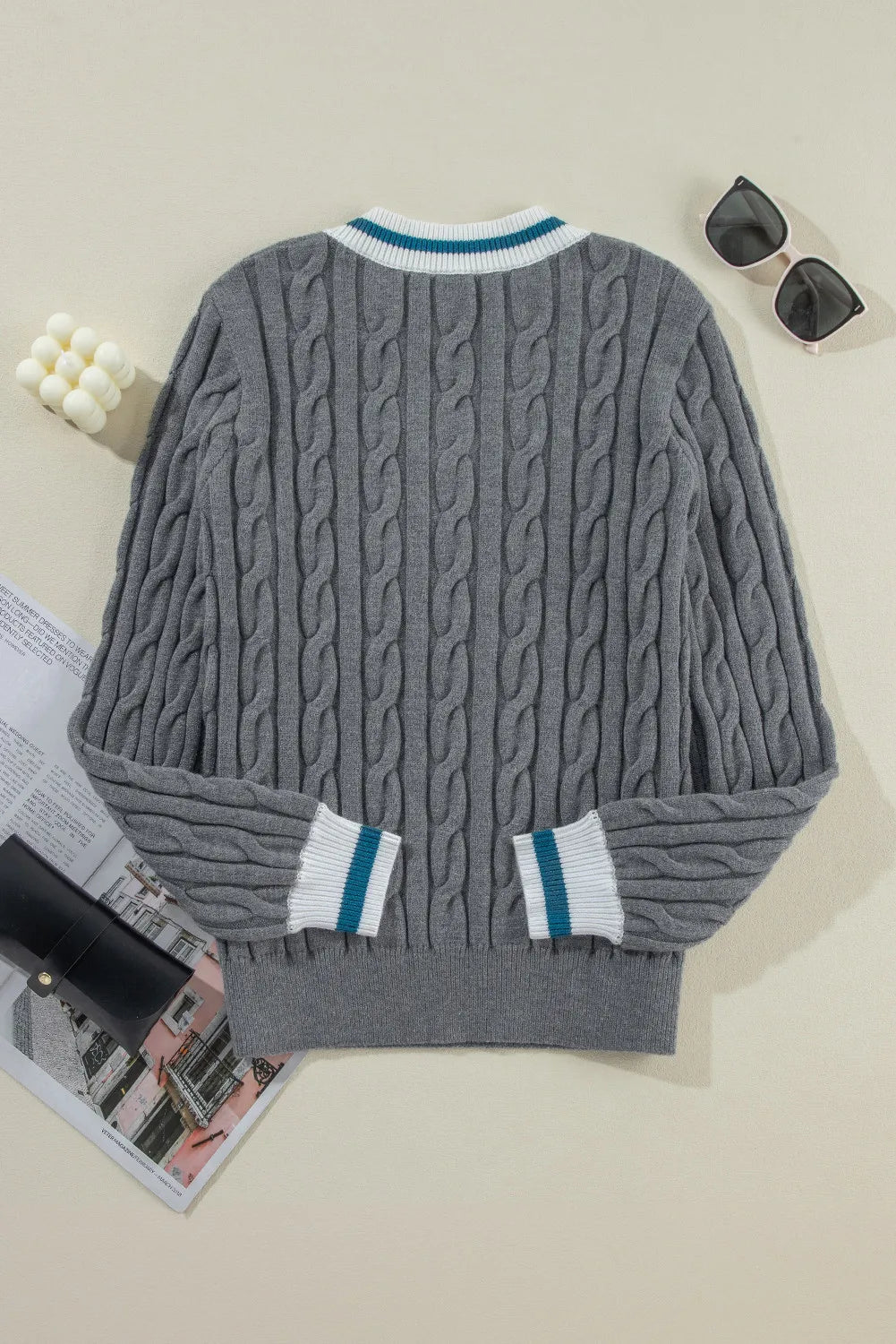 Cable-Knit V-Neck Long Sleeve Sweater - The Goddess Galleries