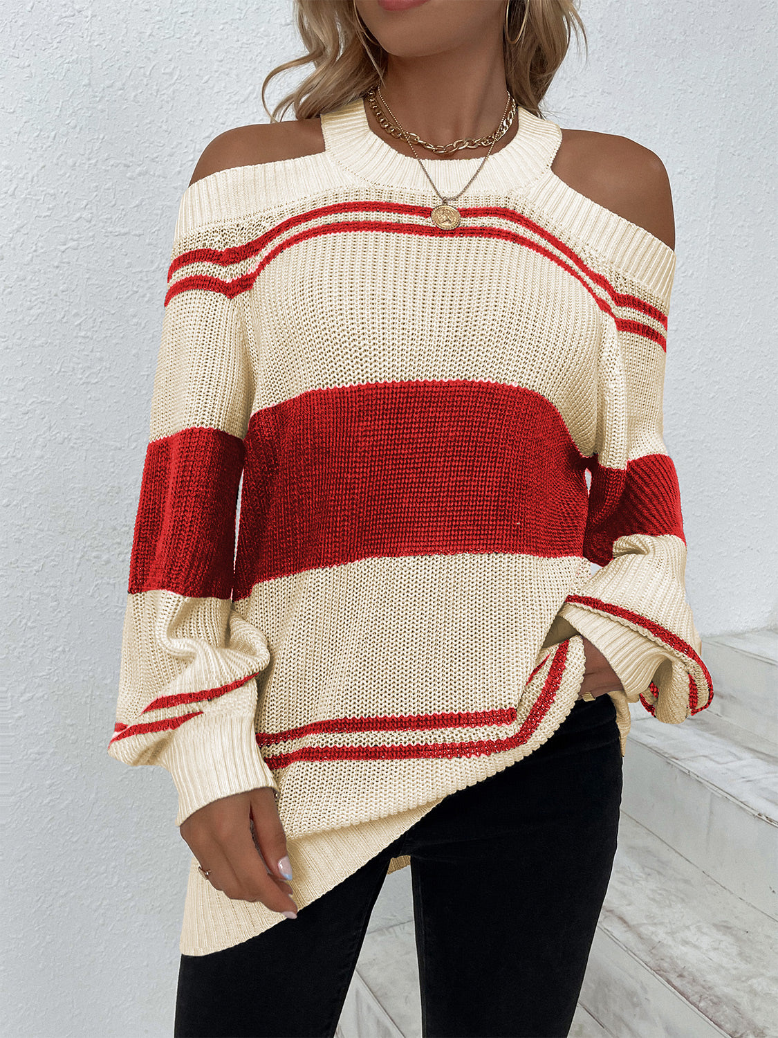 Color Block Striped Cold Shoulder Sweater - The Goddess Galleries