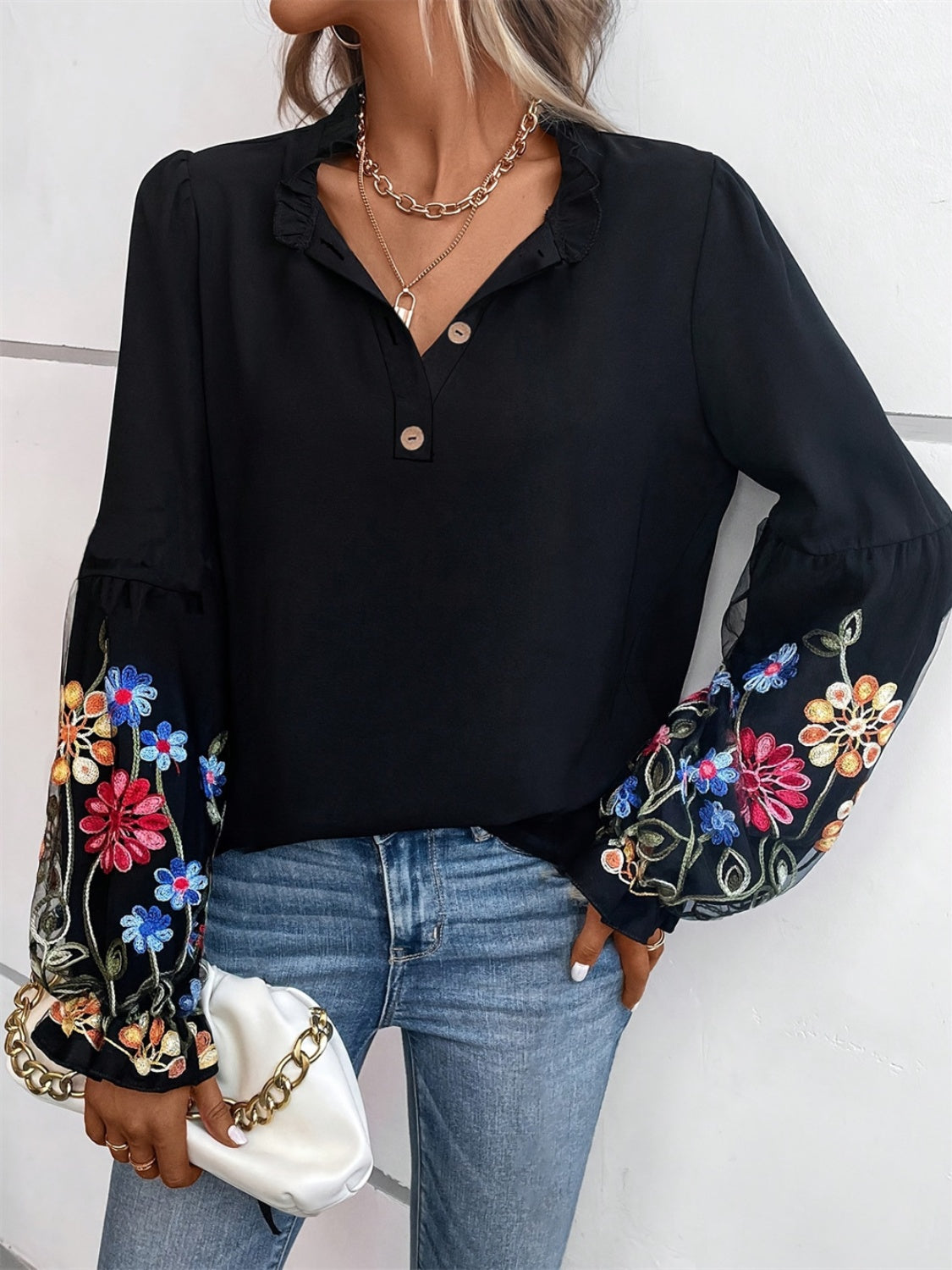Embroidered Notched Long Sleeve Blouse - The Goddess Galleries