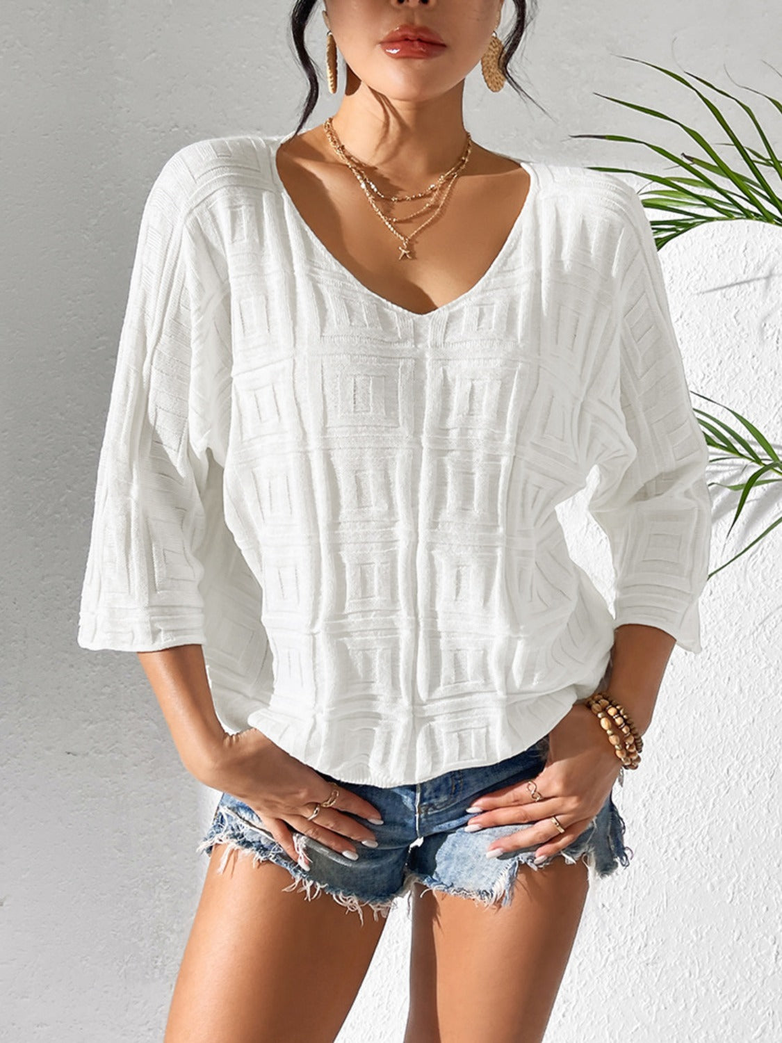 V-Neck Three-Quarter Sleeve Knit Top - The Goddess Galleries