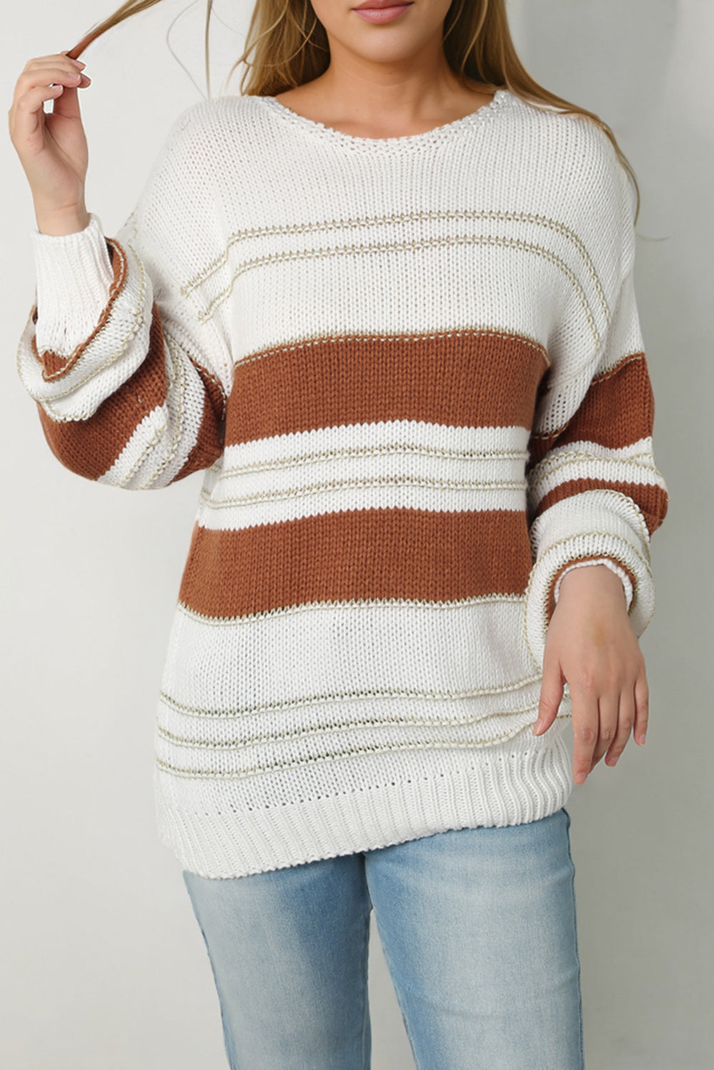 Striped Round Neck Dropped Shoulder Sweater - The Goddess Galleries