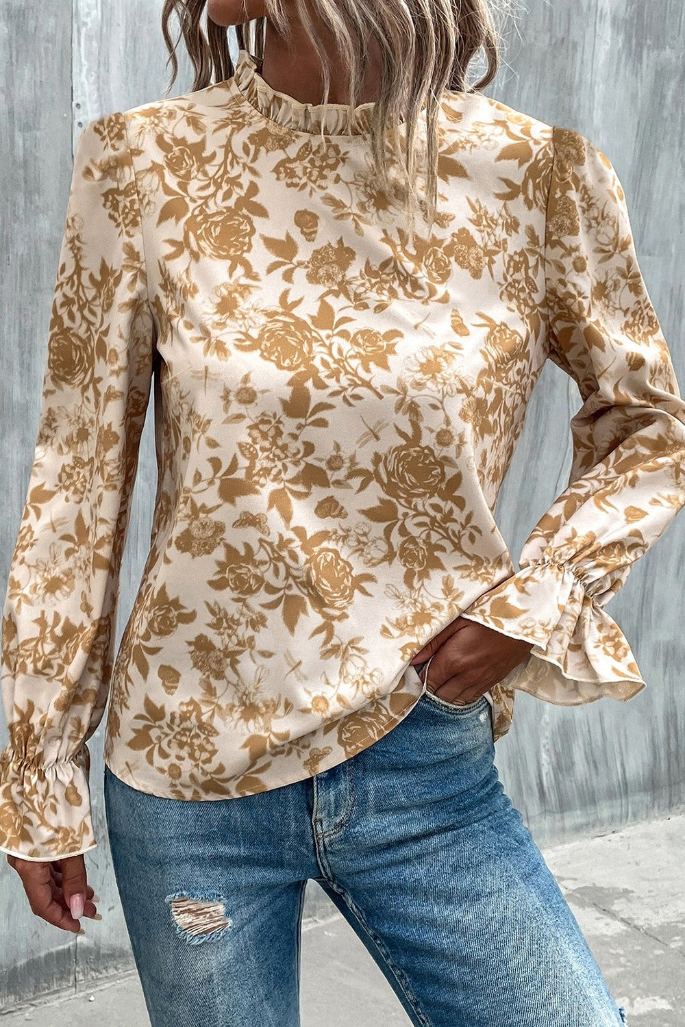Floral Print Mock Neck Flounce Sleeve Blouse - The Goddess Galleries