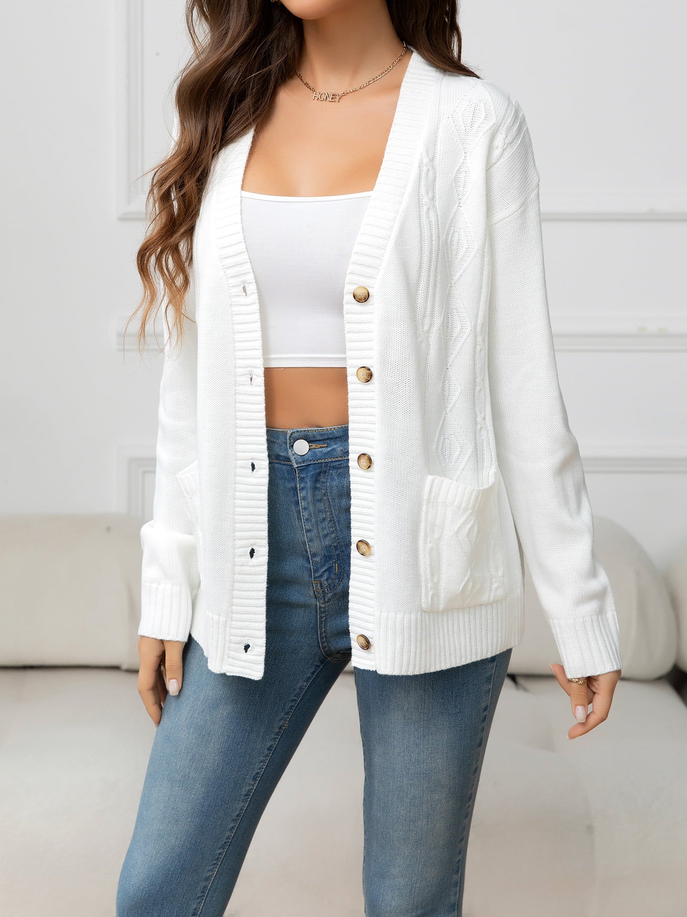 V-Neck Long Sleeve Buttoned Knit Top with Pocket - The Goddess Galleries