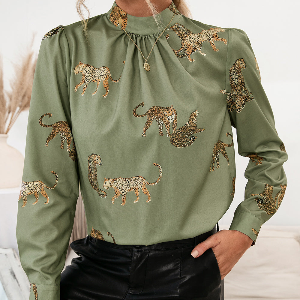 Ivy Lane Leopard Graphic Mock Neck Puff Sleeve Blouse - The Goddess Galleries
