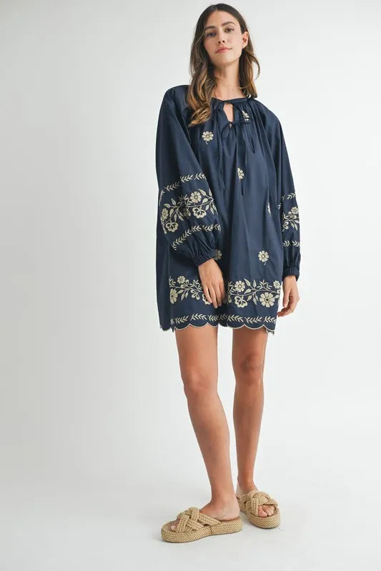 MABLE Embroidered Long Sleeve Peasant Mini Dress - The Goddess Galleries