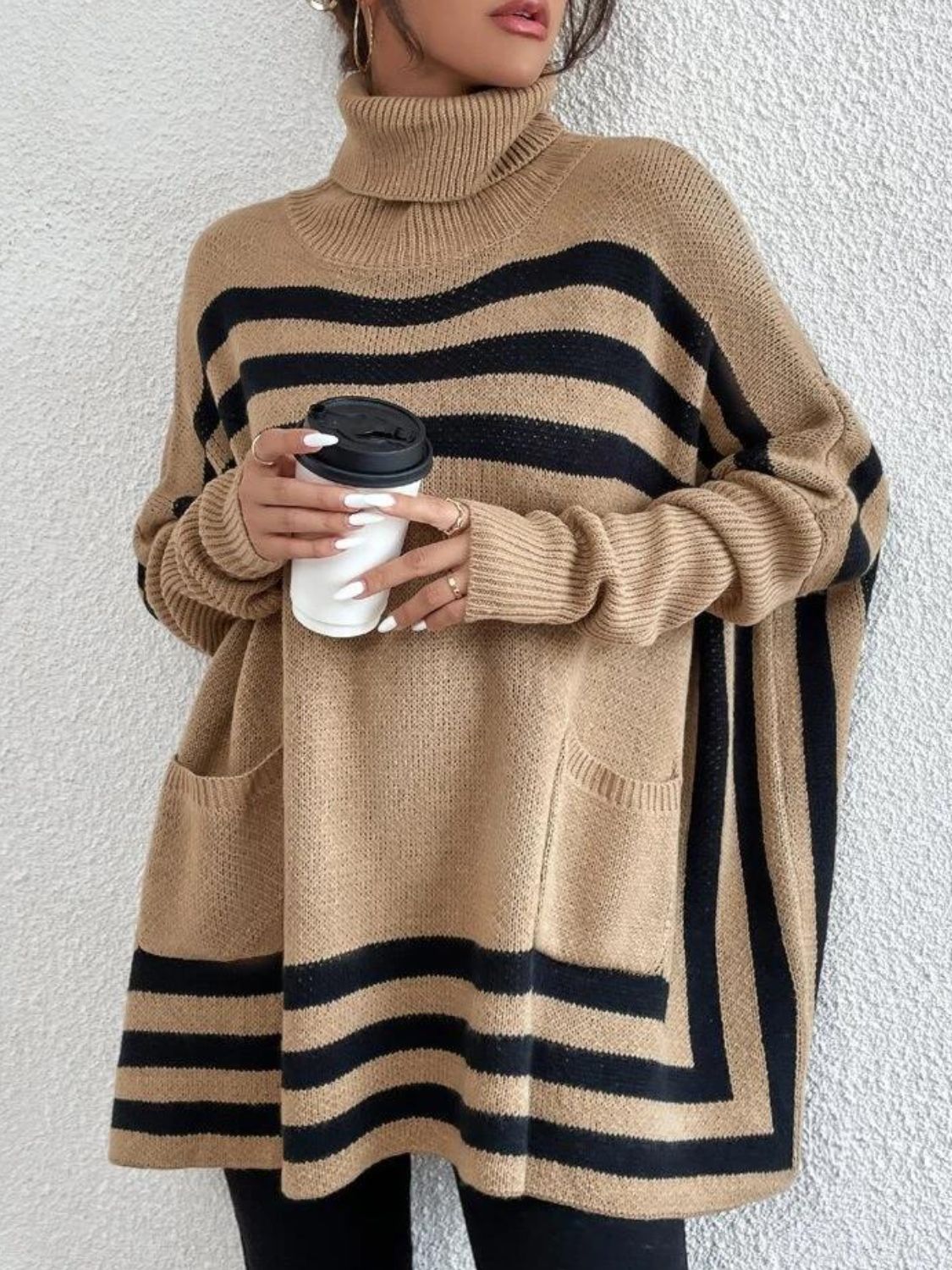 Striped Turtleneck Batwing Sleeve Sweater with Pockets - The Goddess Galleries