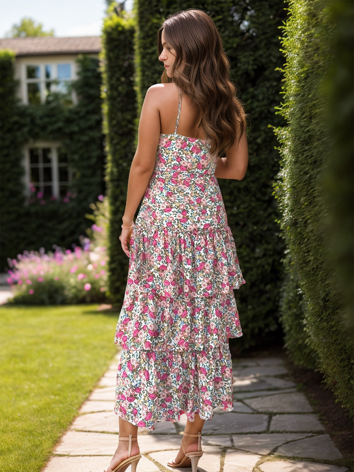 Full Size Layered Slit Printed Square Neck Cami Dress - The Goddess Galleries