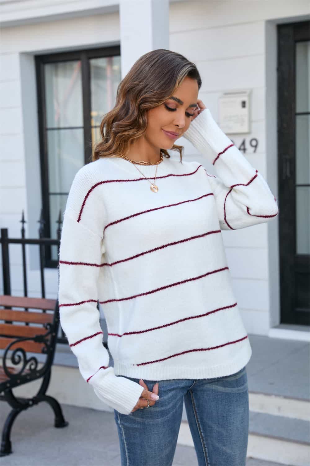 Angel Wings Striped Round Neck Long Sleeve Sweater - The Goddess Galleries
