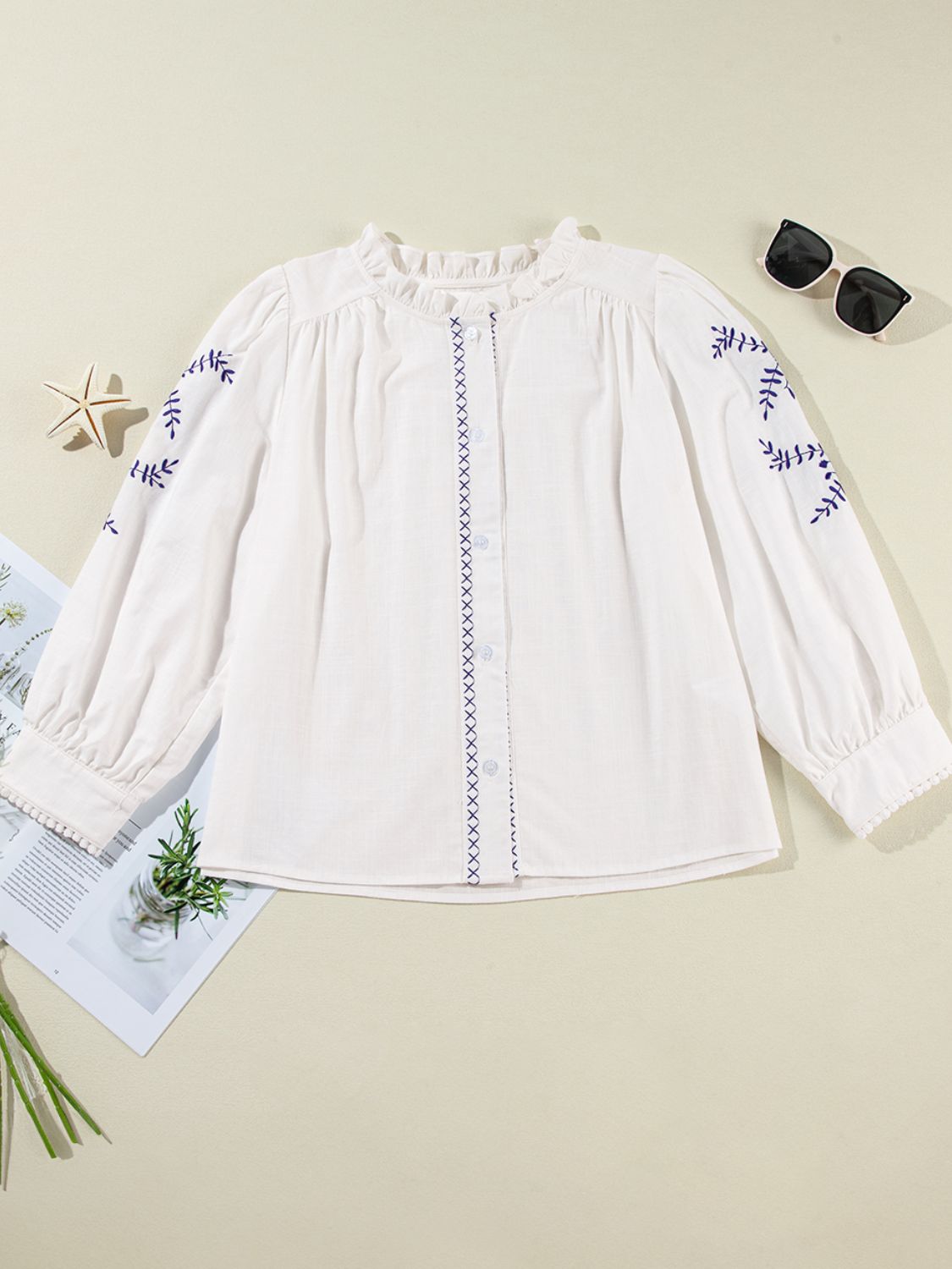 Frill Floral Embroidered Sleeve Shirt - The Goddess Galleries