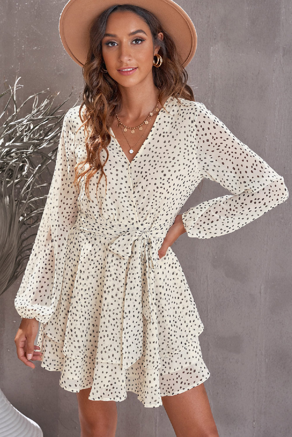 Tied Polka Dot Balloon Sleeve Layered Dress - The Goddess Galleries