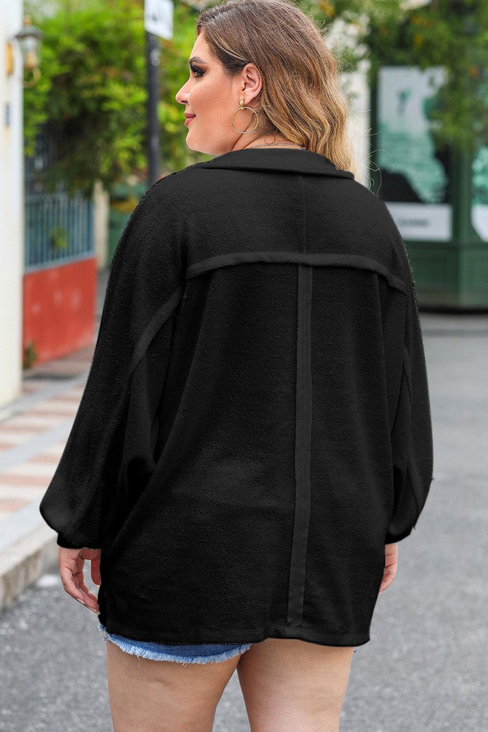 Plus Size Half Button Collared Neck Long Sleeve Blouse - The Goddess Galleries