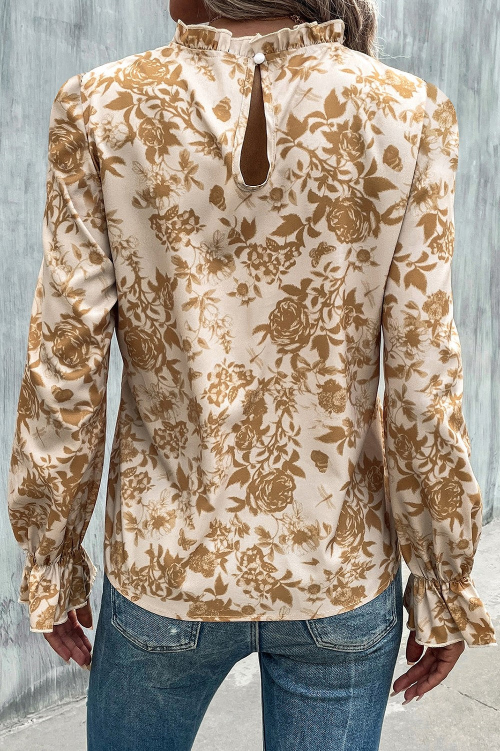 Floral Print Mock Neck Flounce Sleeve Blouse - The Goddess Galleries
