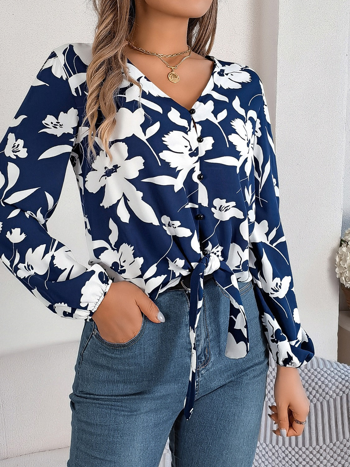 Printed V-Neck Long Sleeve Blouse - The Goddess Galleries