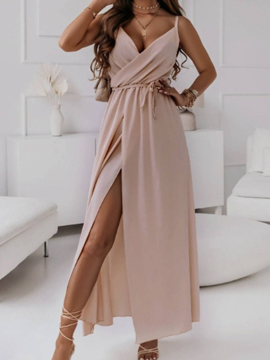 Honey Tied Surplice Sleeveless Midi Cami Dress - The Goddess Galleries