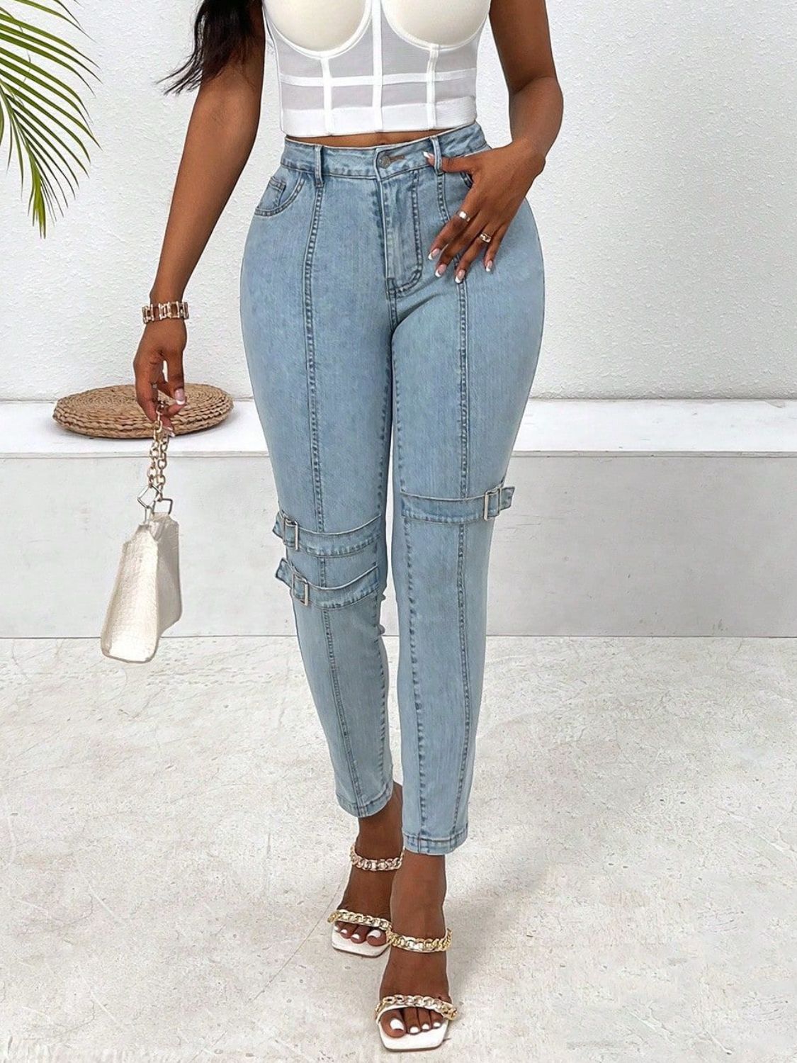 Decorative Buckle Skinny Jeans with Pockets - The Goddess Galleries