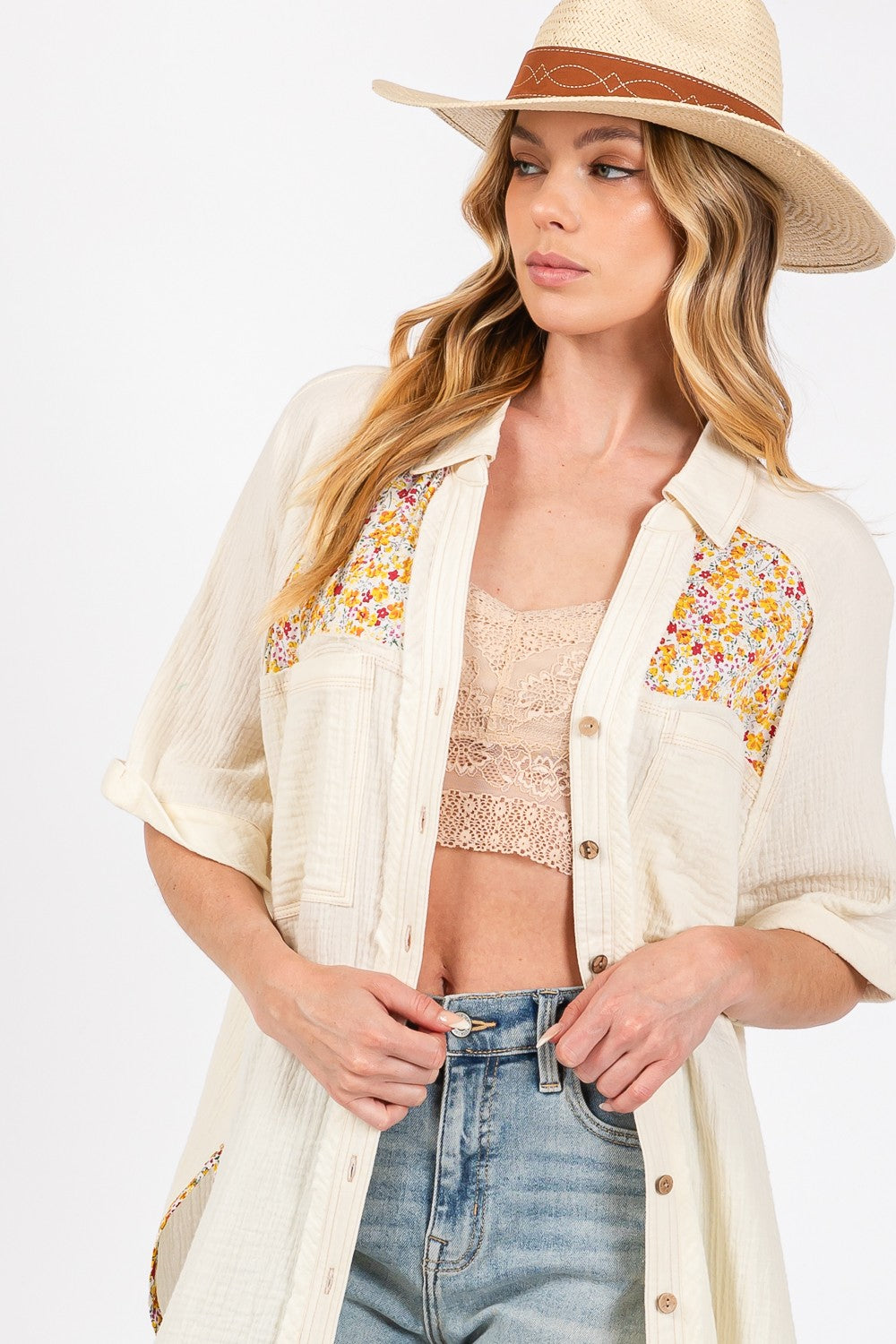 SAGE + FIG Full Size Floral Detail Button Up Short Sleeve Shirt - The Goddess Galleries