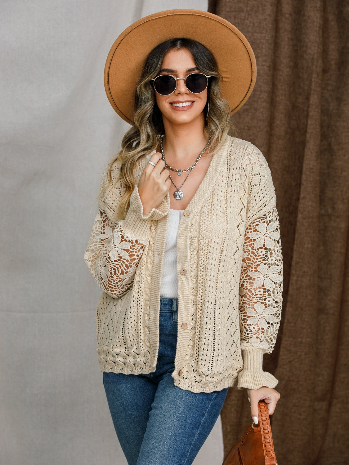 Eyelet Button Up Lantern Sleeve Cardigan - The Goddess Galleries