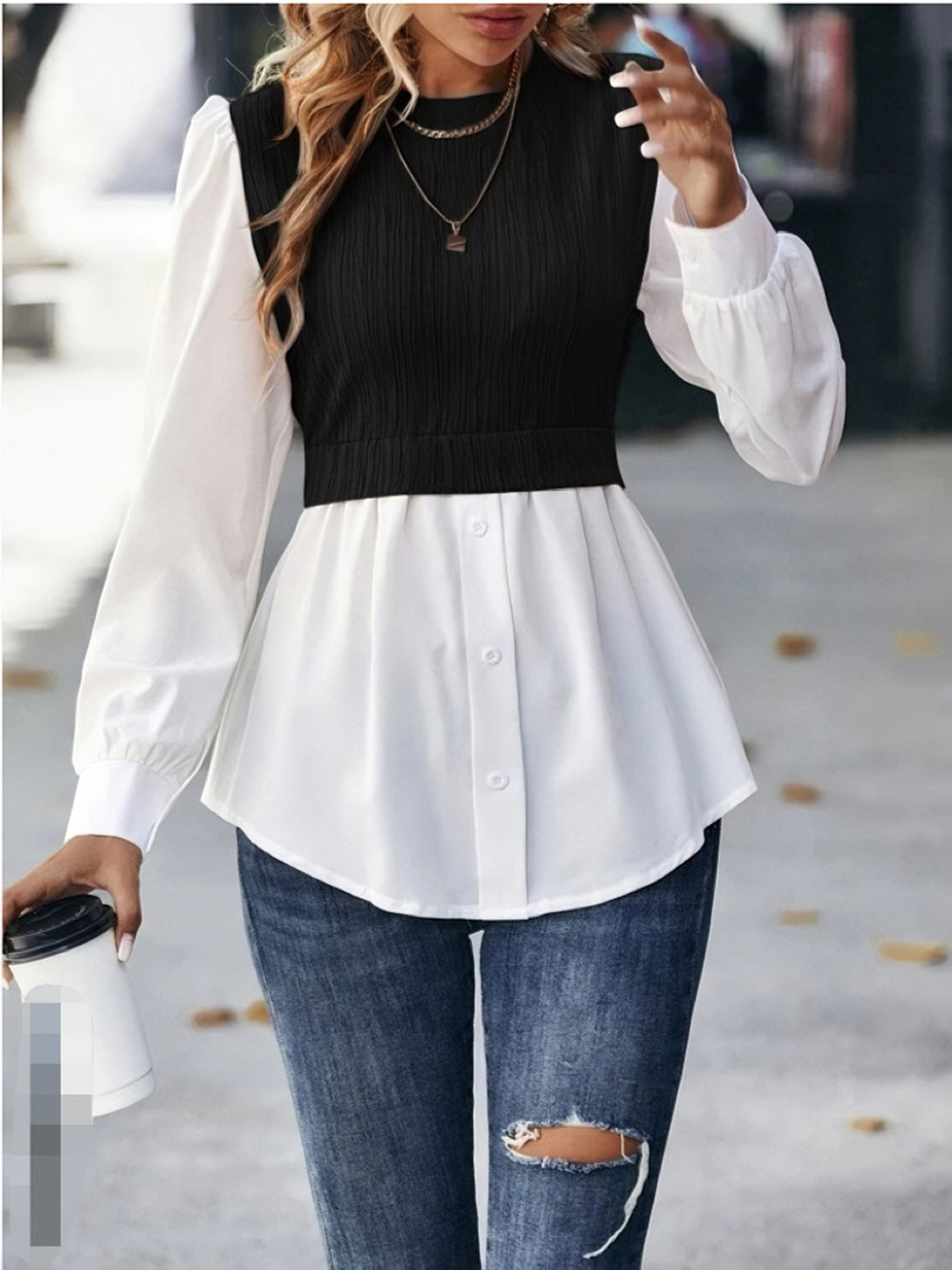 Contrast Round Neck Puff Sleeve Blouse - The Goddess Galleries
