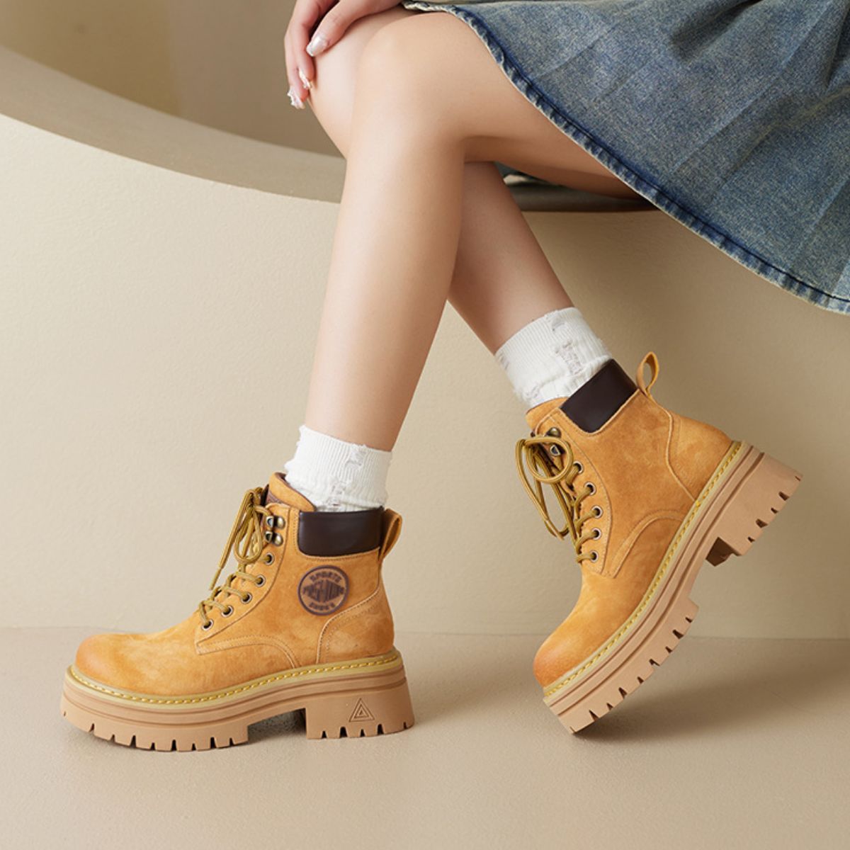 Round Toe Platform Lace Up Boots - The Goddess Galleries