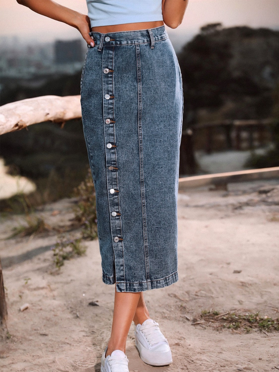 Button Down Denim Skirt - The Goddess Galleries