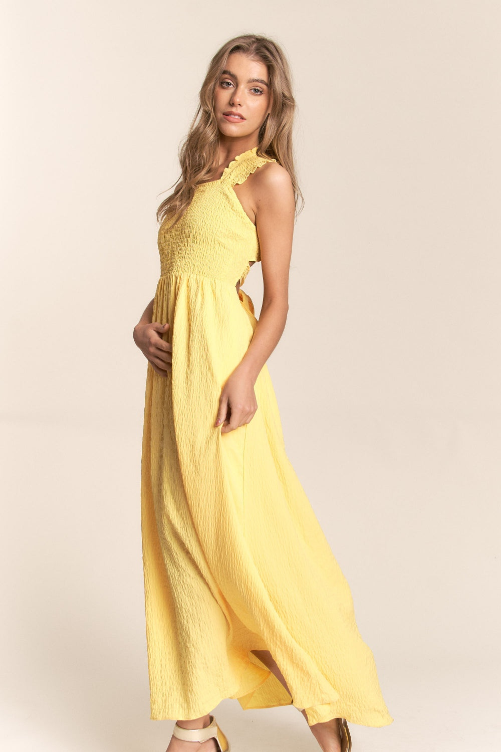 J.NNA Texture Crisscross Back Tie Smocked Maxi Dress - The Goddess Galleries