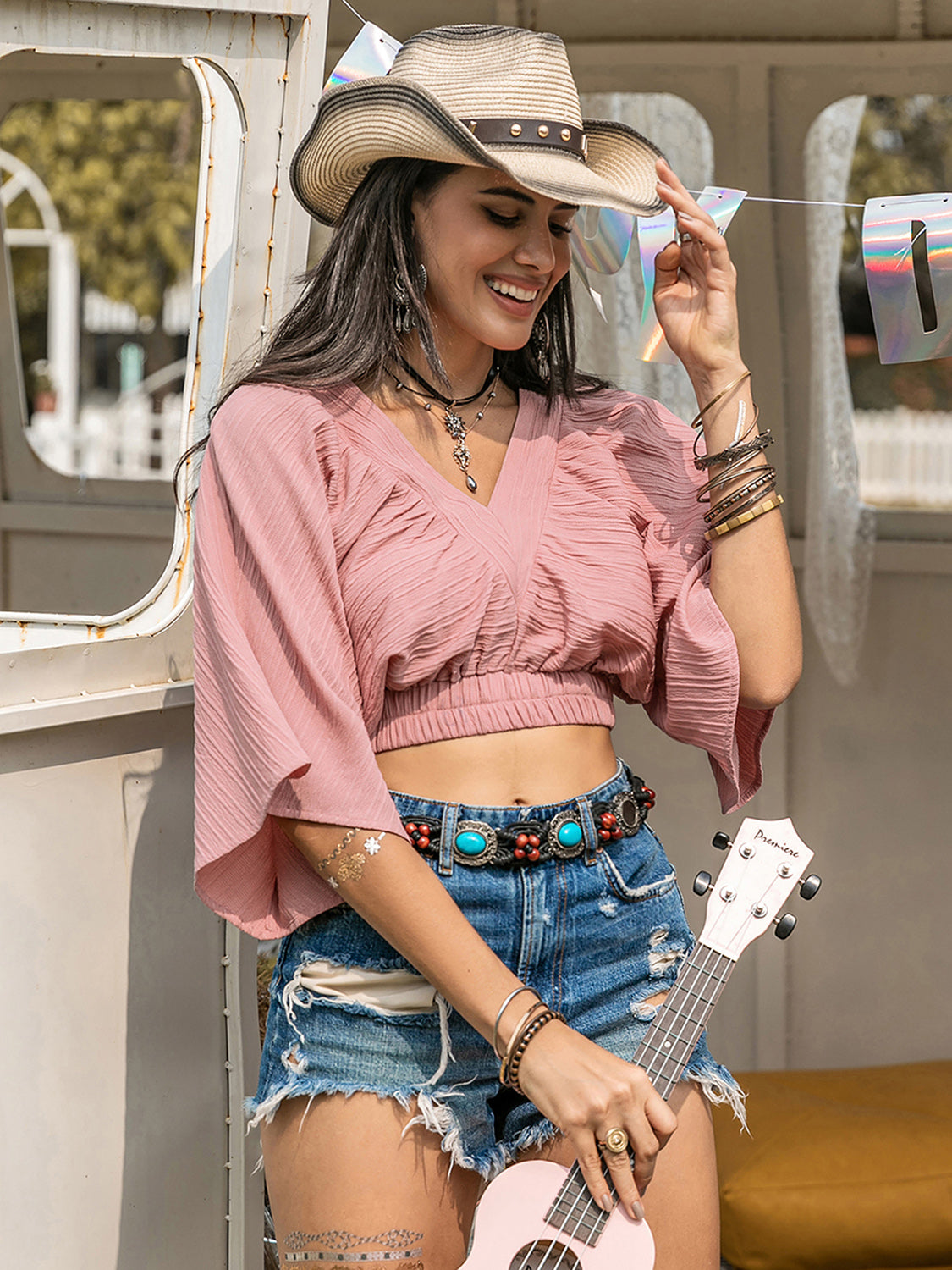 Textured V-Neck Crop Top - The Goddess Galleries