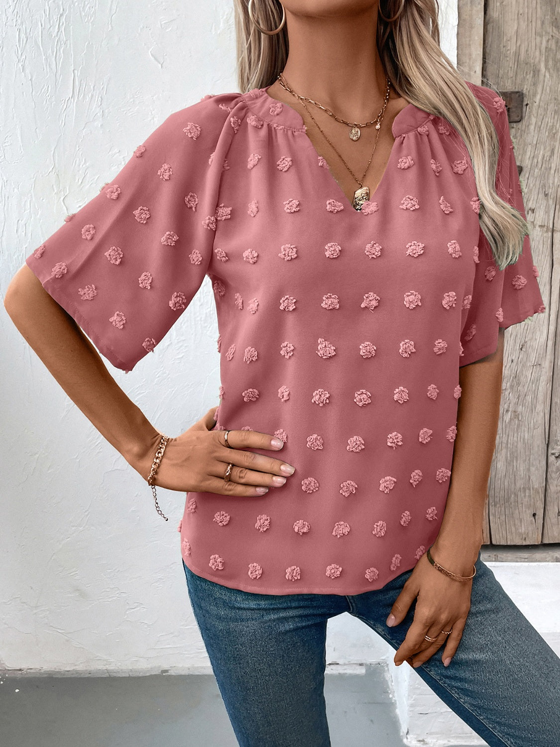 Ivy Lane Swiss Dot Notched Half Sleeve Blouse - The Goddess Galleries