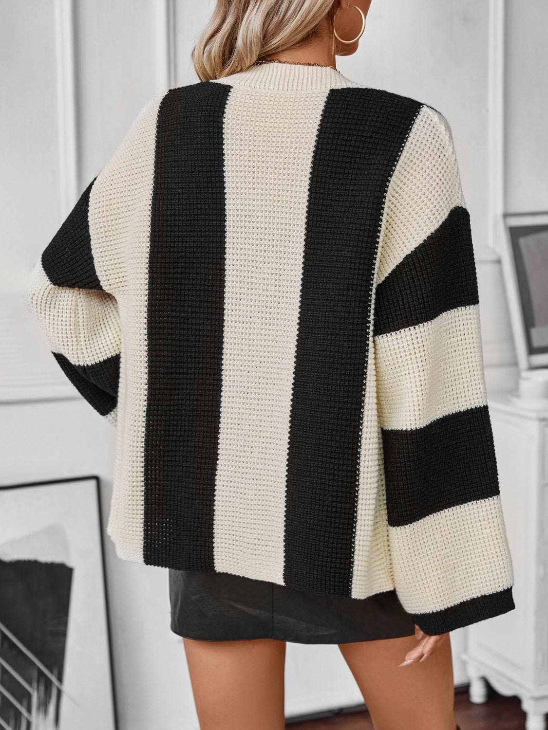Waffle-Knit V-Neck Striped Long Sleeve Cardigan - The Goddess Galleries