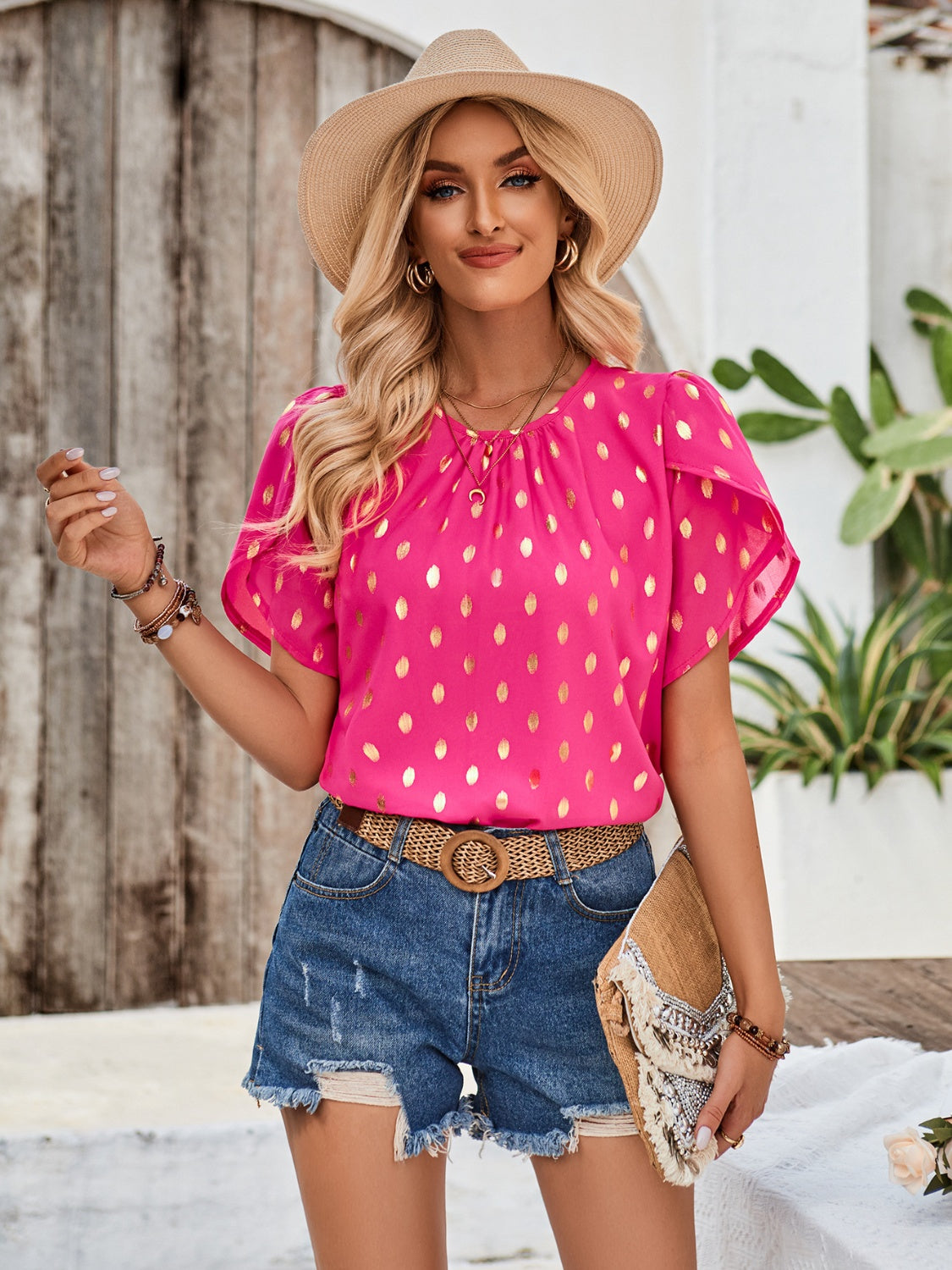 Printed Round Neck Petal Sleeve Blouse - The Goddess Galleries