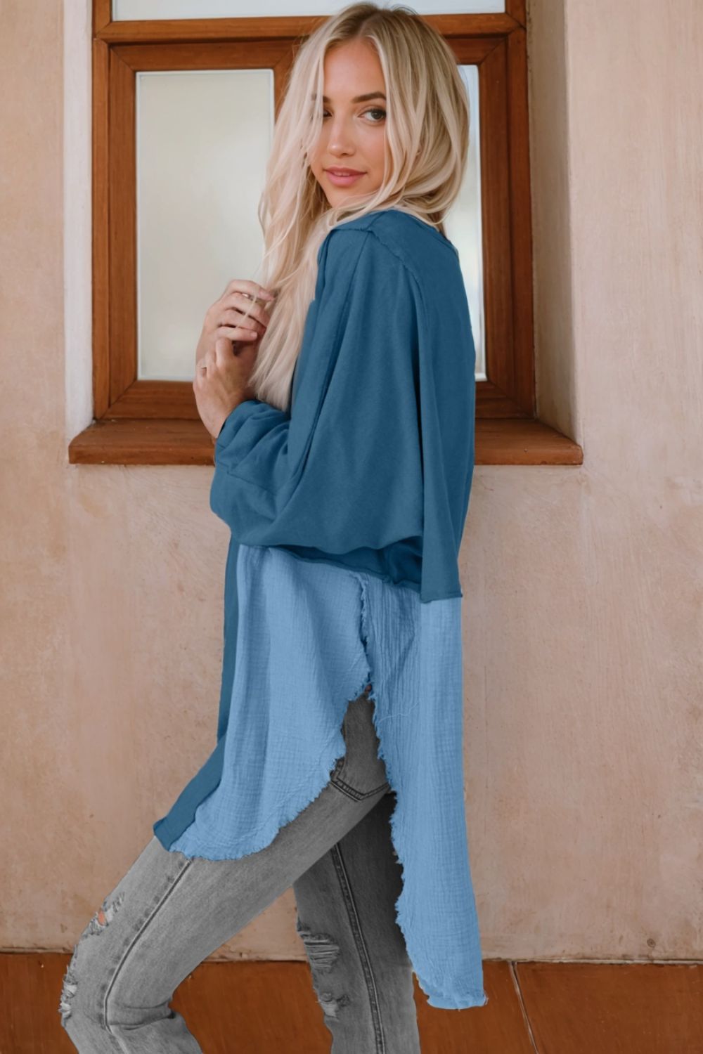 Contrast Texture Round Neck Long Sleeve Blouse - The Goddess Galleries