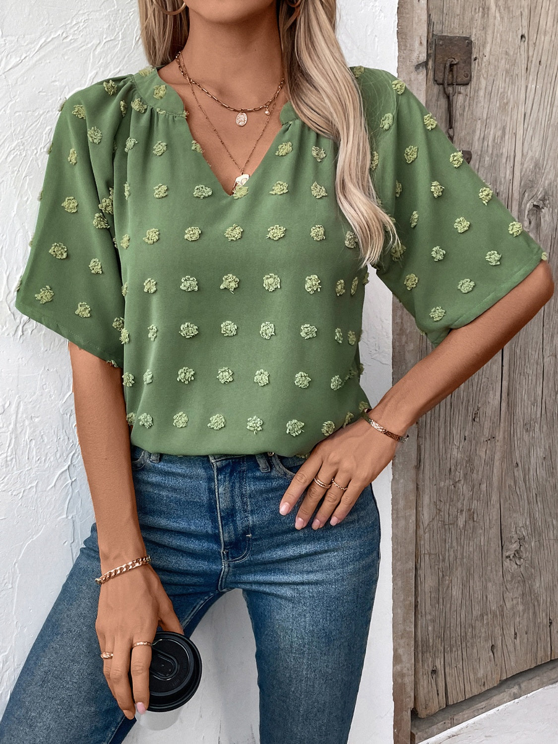 Ivy Lane Swiss Dot Notched Half Sleeve Blouse - The Goddess Galleries