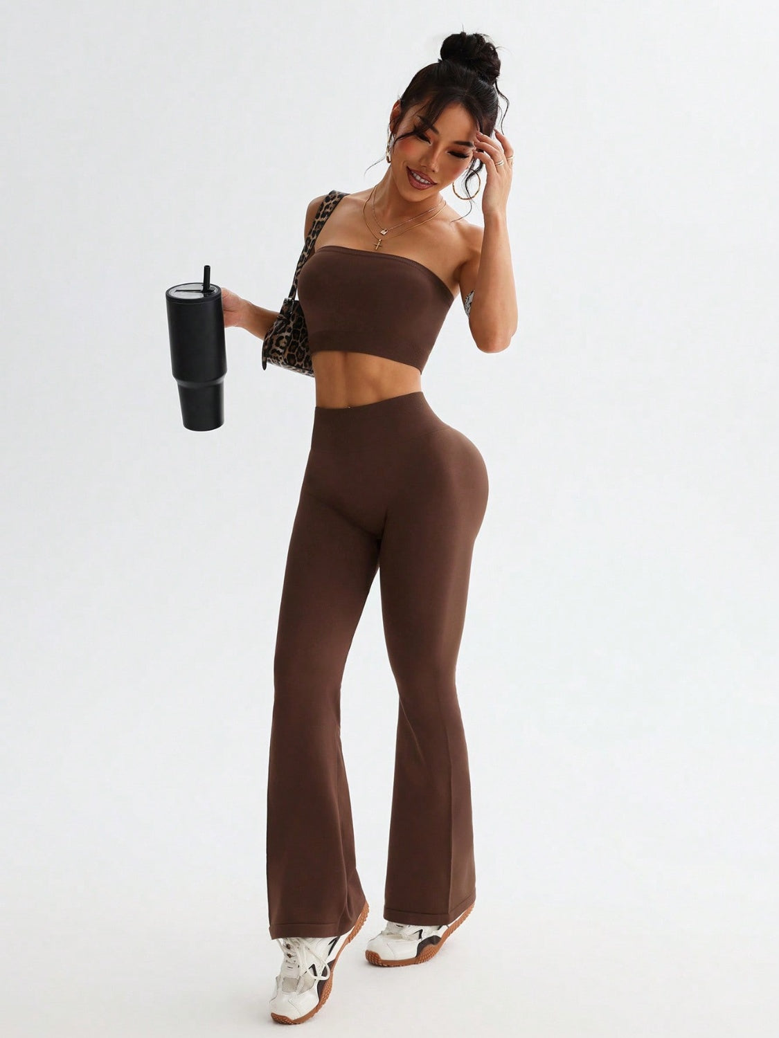 Tube Top and High Waist Flare Pants Active Set - The Goddess Galleries