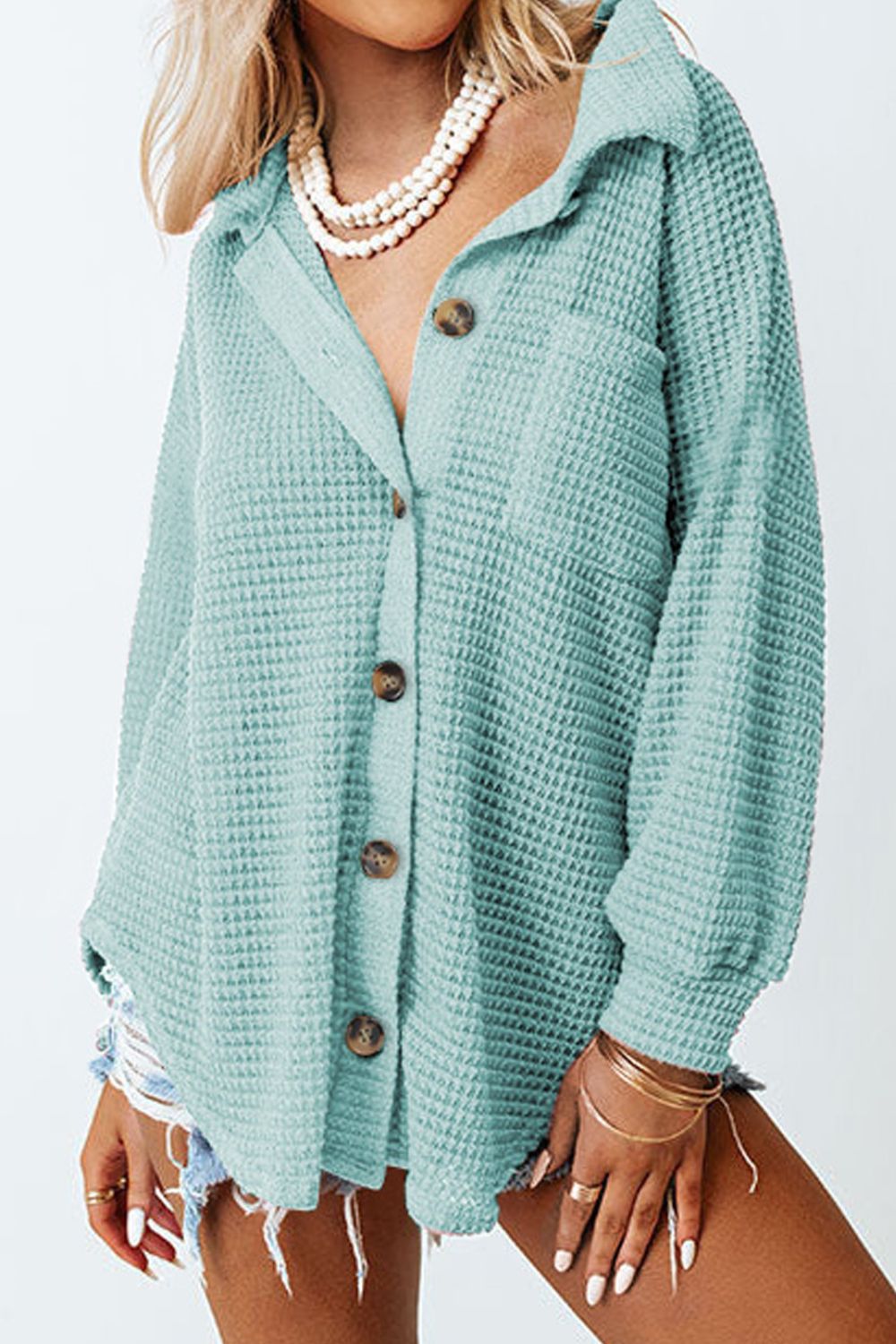 Waffle-Knit Collared Neck Long Sleeve Shirt - The Goddess Galleries