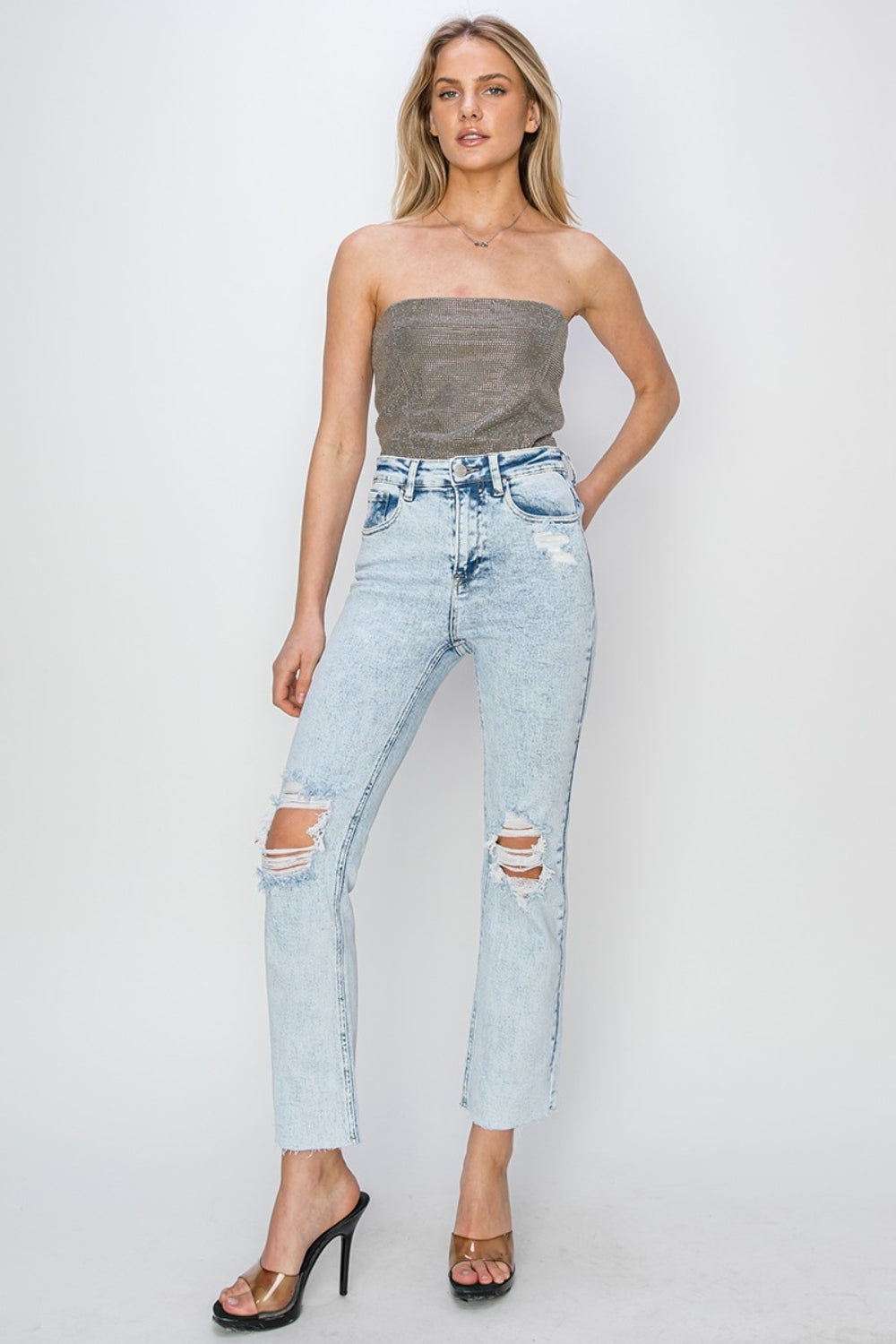 RISEN High Rise Distressed Ankle Jeans - The Goddess Galleries