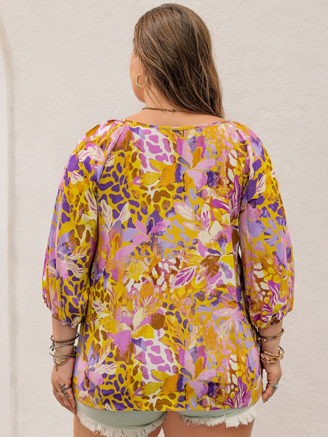 Plus Size Printed Tie Neck Blouse - The Goddess Galleries