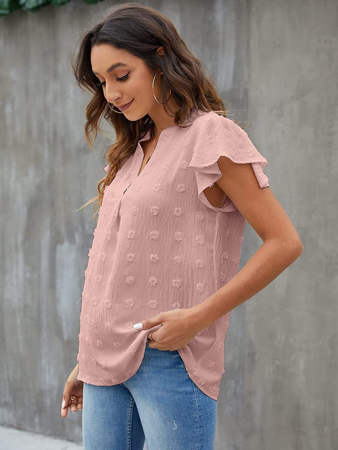 Swiss Dot Notched Flutter Sleeve Blouse - The Goddess Galleries