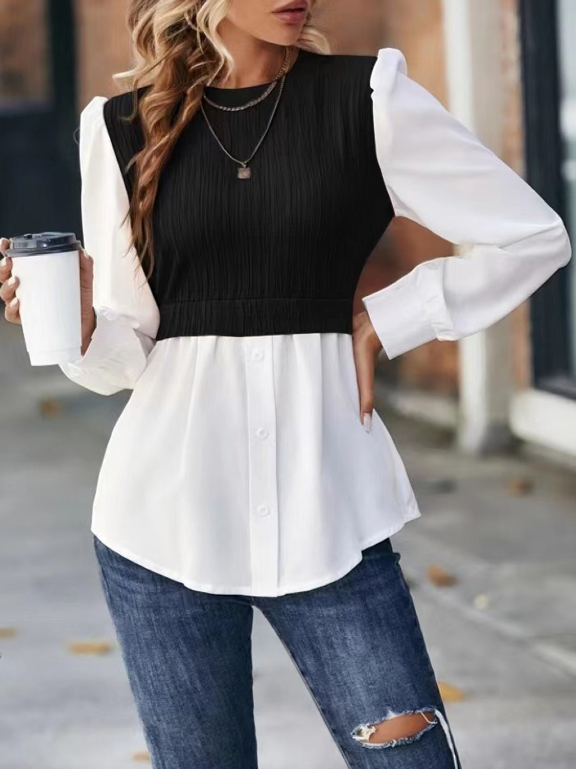 Contrast Round Neck Puff Sleeve Blouse - The Goddess Galleries