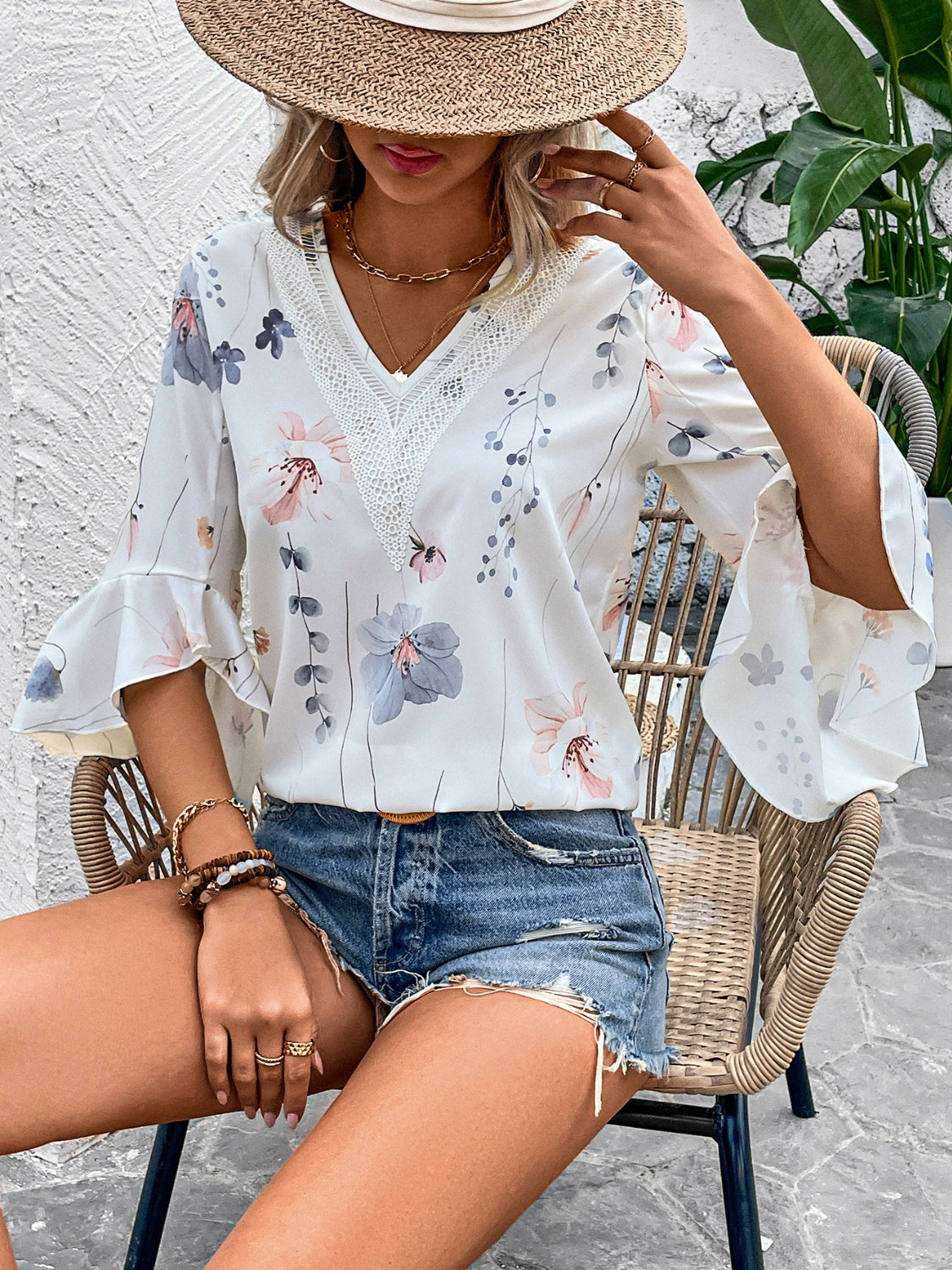 Honey Ruffled Printed V-Neck Half Sleeve Blouse - The Goddess Galleries