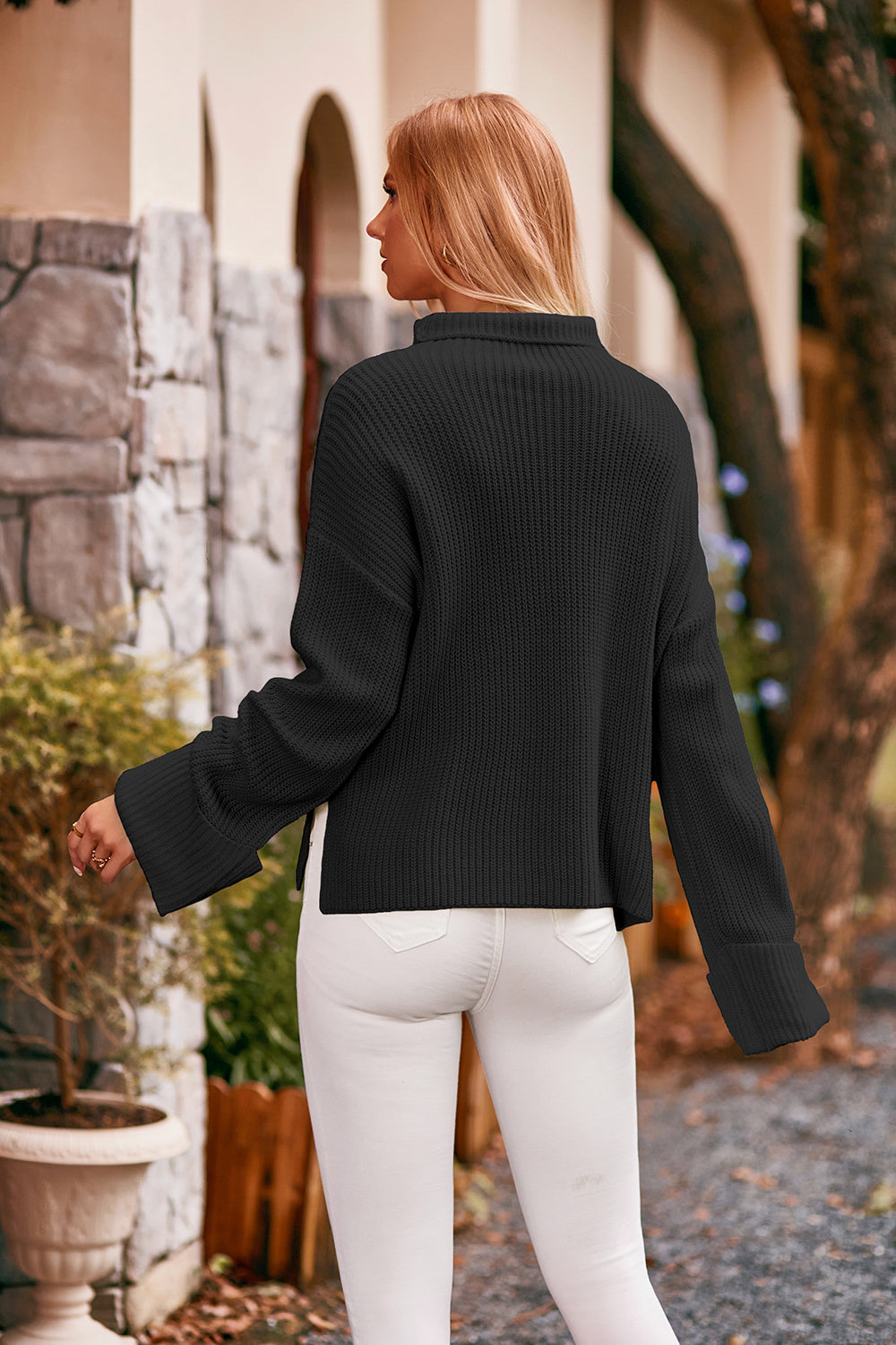Mock Neck Drop Shoulder Sweater - The Goddess Galleries