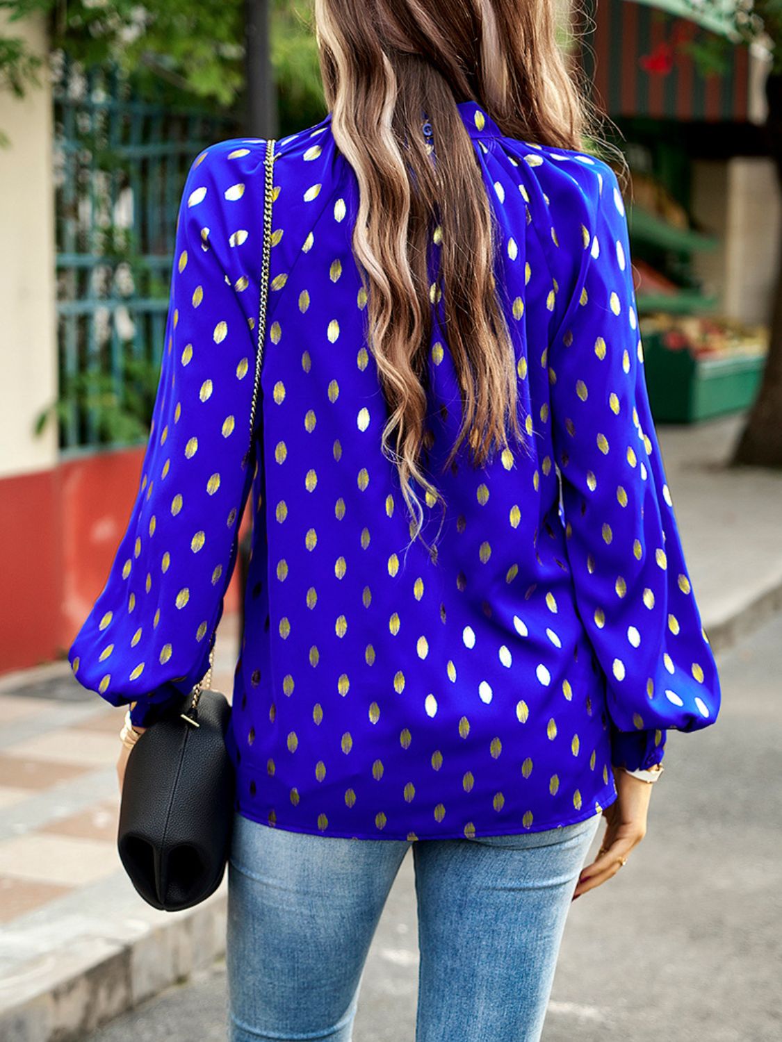 Devine Mock Neck Cutout Lantern Sleeve Blouse - The Goddess Galleries