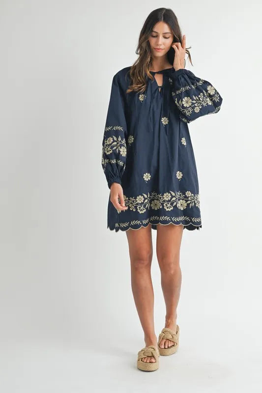 MABLE Embroidered Long Sleeve Peasant Mini Dress - The Goddess Galleries