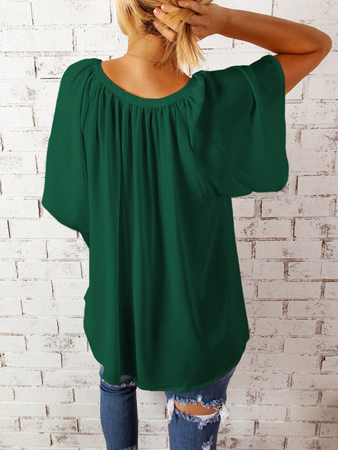 Ruched Notched Half Sleeve Blouse - The Goddess Galleries