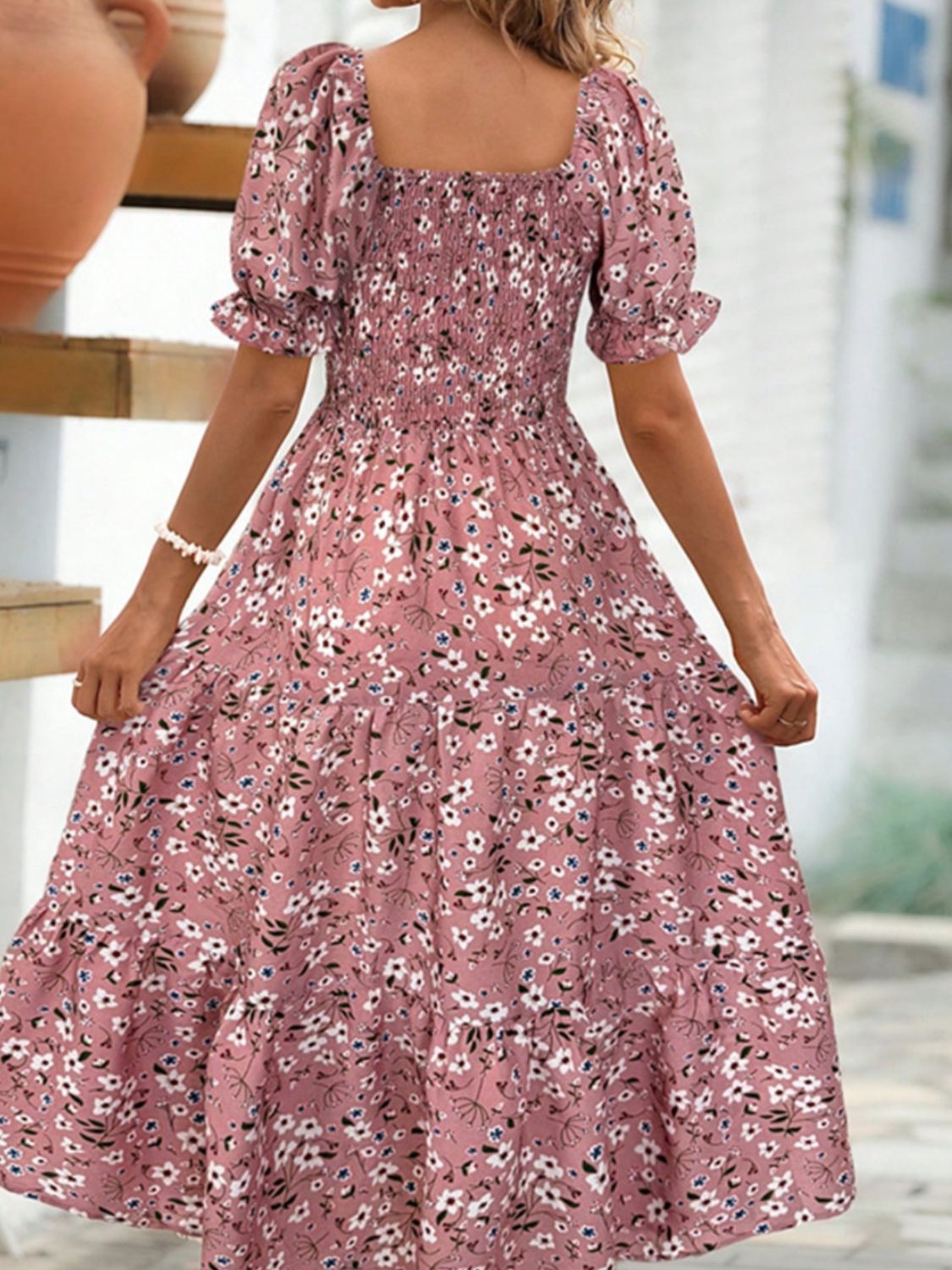 Floral Square Neck Short Sleeve Tiered Dress - The Goddess Galleries