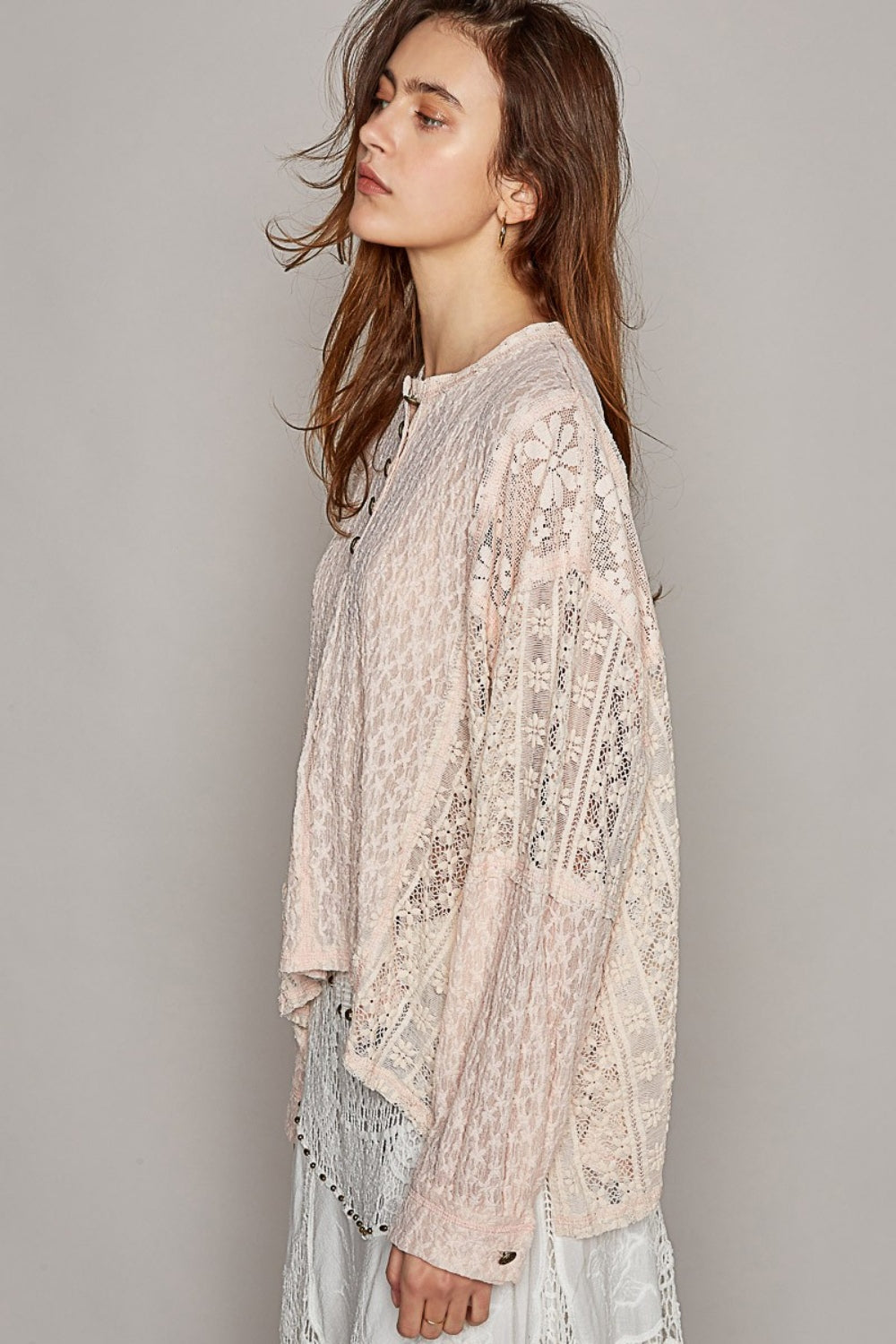 POL Round Neck Long Sleeve Raw Edge Lace Top - The Goddess Galleries