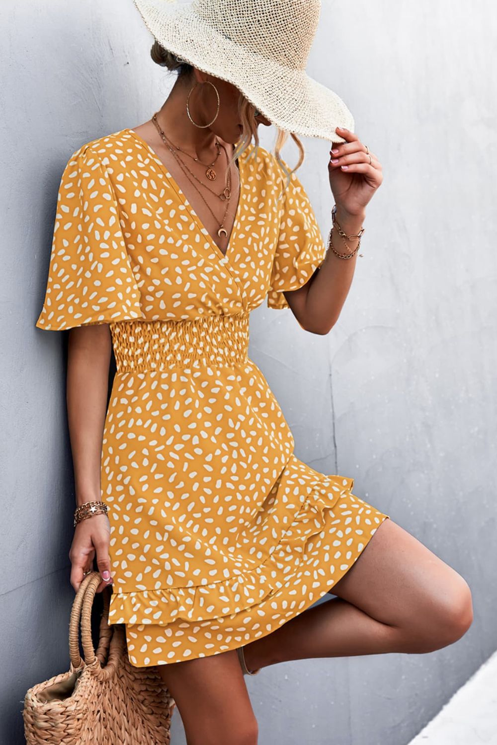 Printed Smocked Waist Layered Surplice Dress - The Goddess Galleries