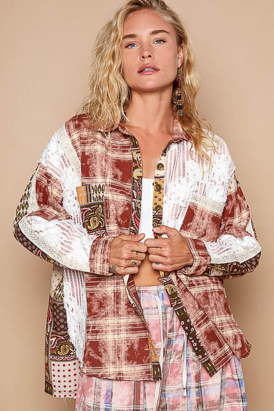 POL Crochet Plaid Patchwork Button Up Shirt - The Goddess Galleries