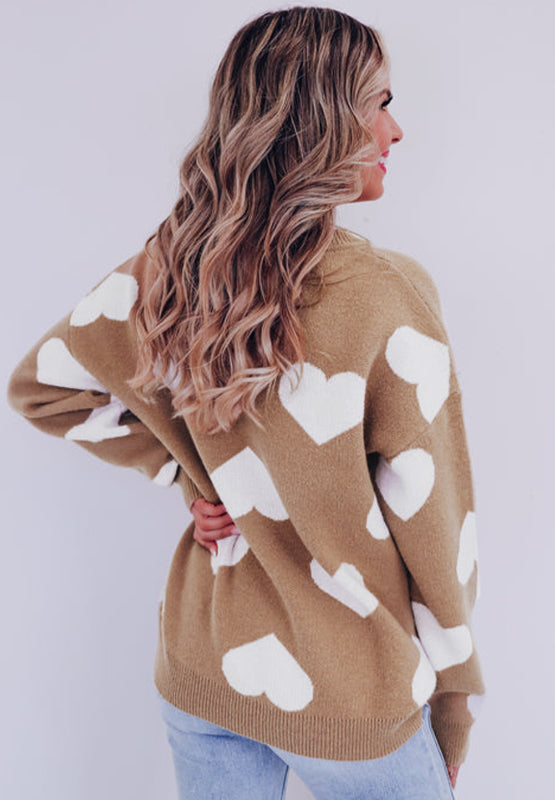 Heart Round Neck Long Sleeve Sweater - The Goddess Galleries