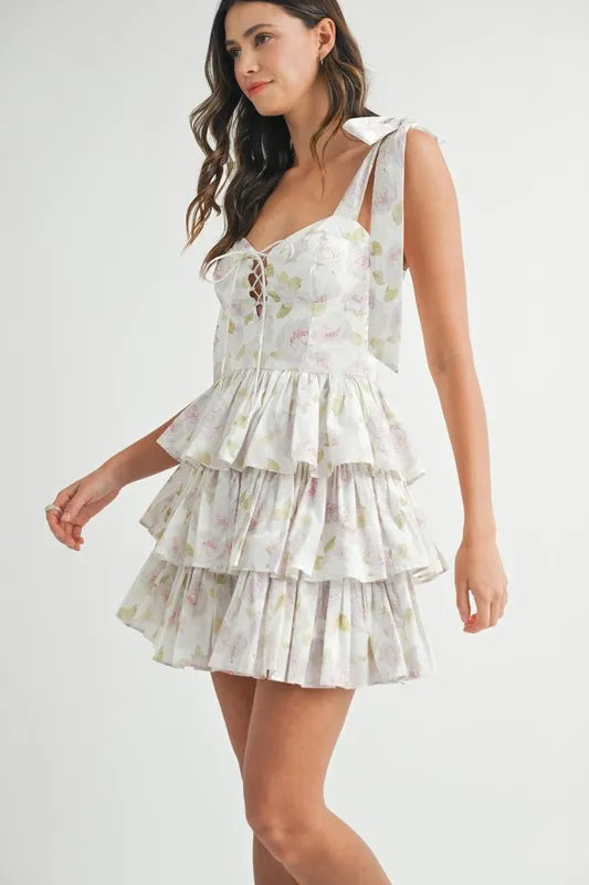 MABLE Floral Print Shoulder Tie Layered Mini Dress - The Goddess Galleries