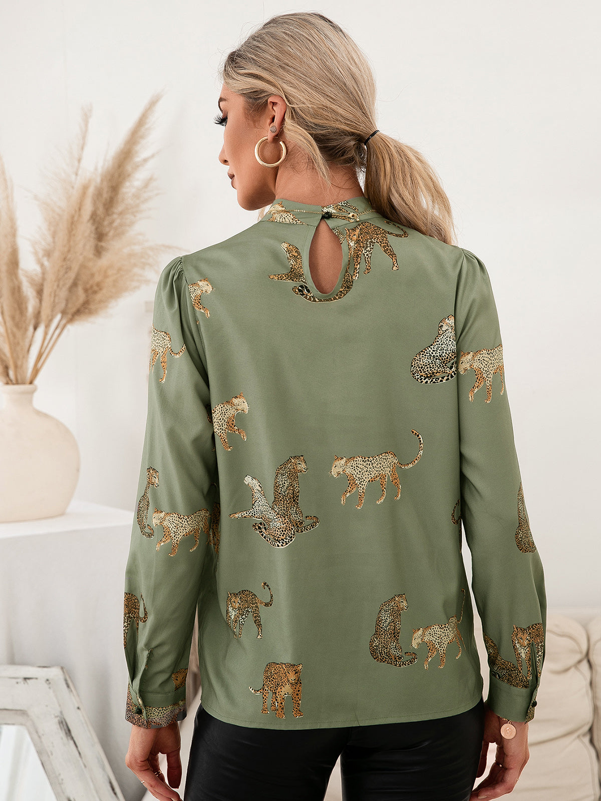 Ivy Lane Leopard Graphic Mock Neck Puff Sleeve Blouse - The Goddess Galleries